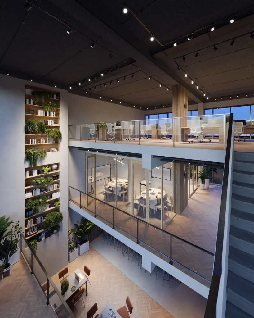 Modern multi-level office interior with open workspaces, meeting rooms, and vertical plant shelves.
